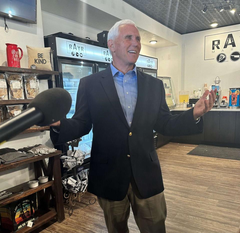 PHOTO: Former Vice President Mike Pence campaigns in Mount Ayr, Iowa, on Oct. 6, 2023. (Libby Cathey/ABC News)