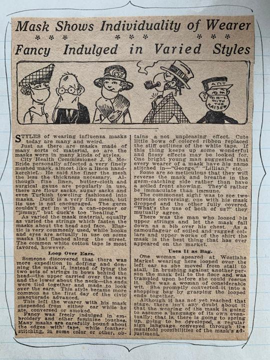 An article from the local Seattle paper about the fashions in masks due to the Spanish influenza epidemic in 1918.