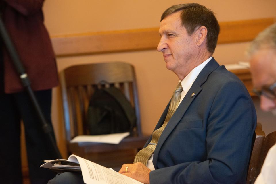 Sen. Dennis Pyle, I-Hiawatha, listens in to Thursday's Post Audit committee meeting which he requested last year.