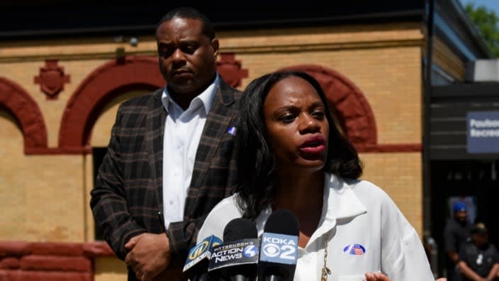 Pennsylvania Democratic Congressional candidate state Rep. Summer Lee talks to the press outside her polling station Tuesday after voting with Pittsburgh Mayor Ed Gainey (left). (Photo: Jeff Swensen/Getty Images)
