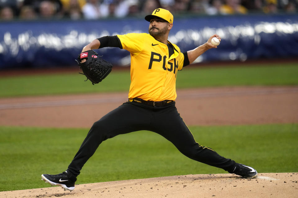 Pittsburgh Pirates starting pitcher Martín Pérez delivers during the first inning of a baseball against the Colorado Rockies in Pittsburgh, Friday, May 3, 2024. (AP Photo/Gene J. Puskar)