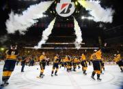 May 22, 2017; Nashville, TN, USA; Nashville Predators players waive to the fans in celebration after a 6-3 win against the Anaheim Ducks in game six of the Western Conference Final of the 2017 Stanley Cup Playoffs at Bridgestone Arena. Mandatory Credit: Christopher Hanewinckel-USA TODAY Sports