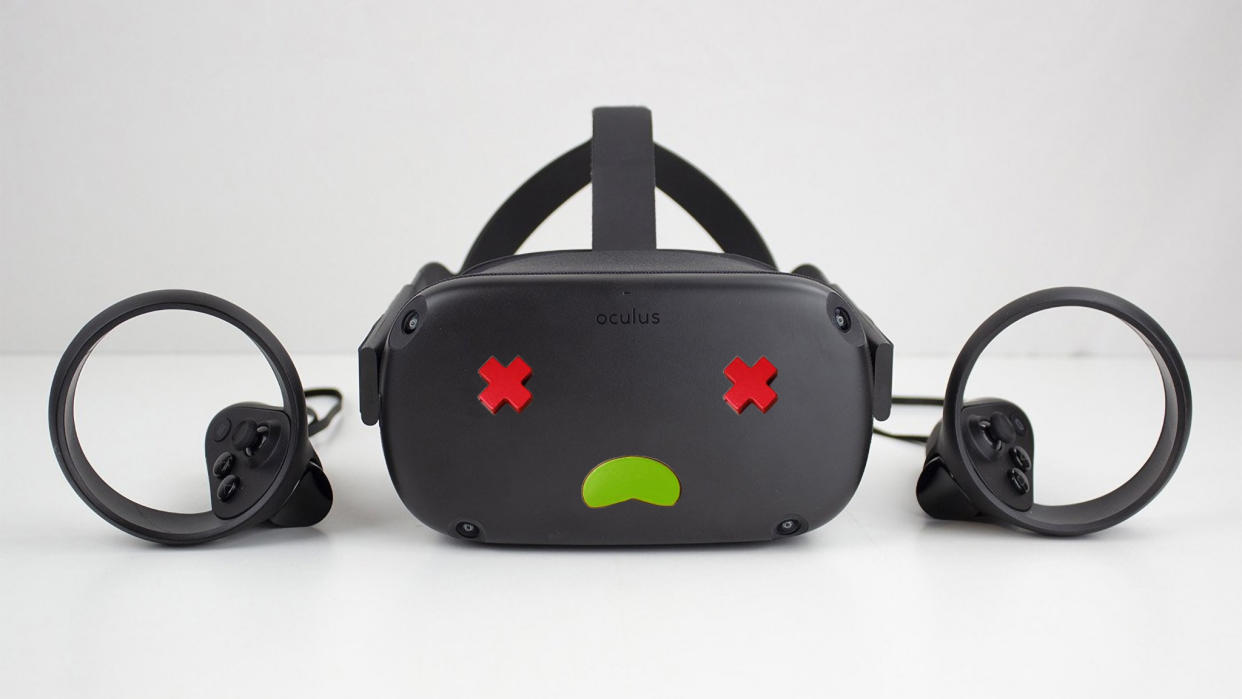  An Oculus Quest headset with controllers and children's shape toys that looks like a dead cartoon face. 