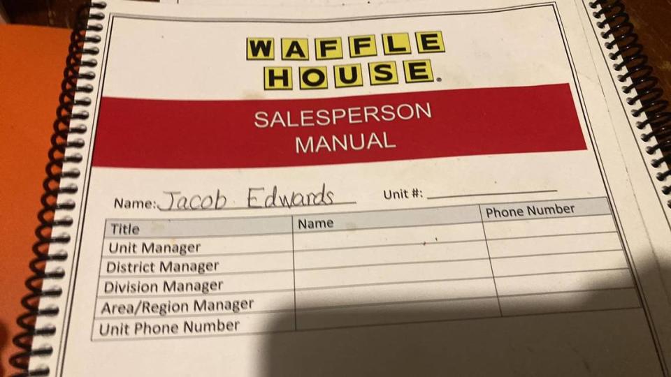 An employee manual filled out by Jacob Williamson for his job at a Waffle House in Laurens, South Carolina.