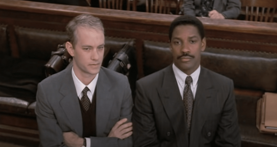 <div class="paragraphs"><p>Tom Hanks and Denzel Washington in <em>Philadelphia.</em></p></div>