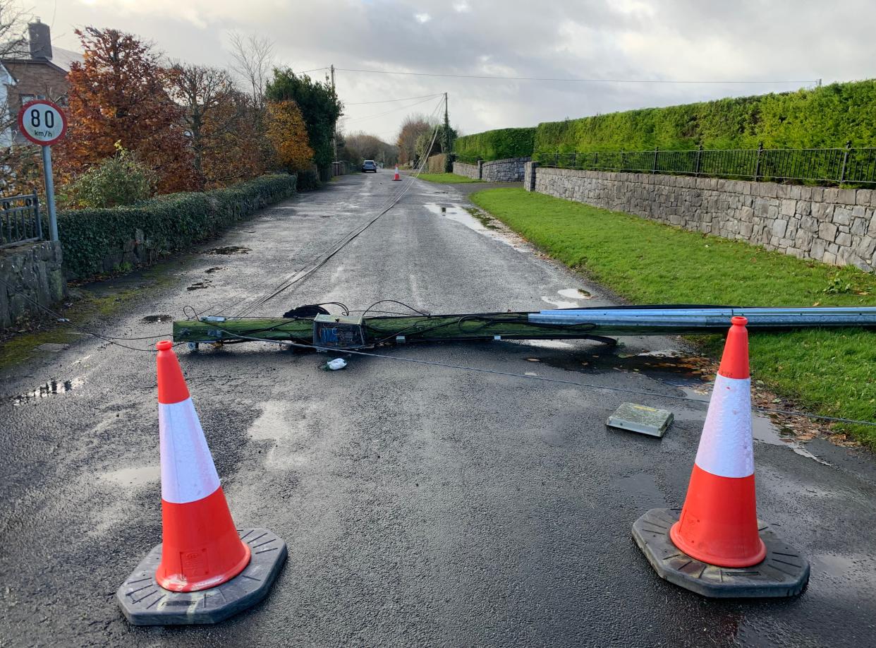 A Telegraph pole down on the Maree Rd, Oranmore, Co Galway after Storm Debi swept across the area (Ed Carty/PA Wire)