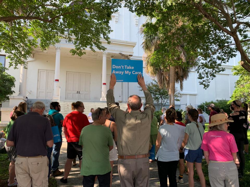 A crowd of around 100 people turned out Tuesday near Wilmington's Thalian Hall to show support for abortion rights. The gathering came the day after a leaked draft of a U.S. Supreme Court opinion signaled the potential reversal of Roe v. Wade, the landmark decision that has protected a person's right to abortion since 1973.