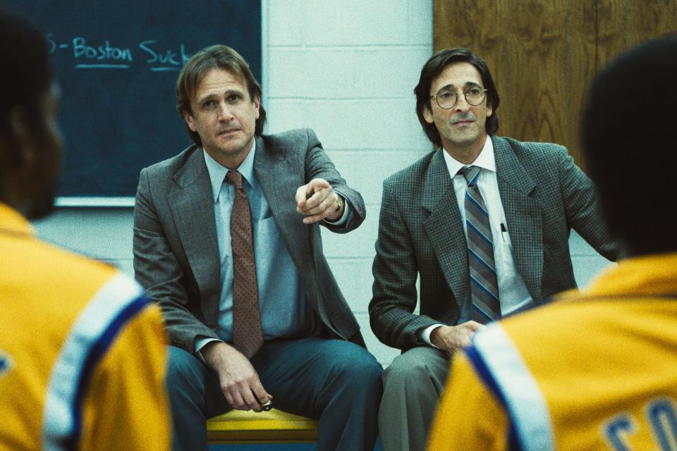 Lakers head coach Paul Westhead (Jason Segel) and assistant coach Pat Riley (Adrien Brody) in "Winning Time."