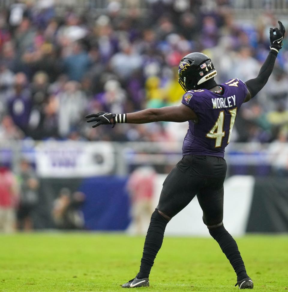 Baltimore Ravens cornerback Daryl Worley (41) reacts after a late first half sack of Indianapolis Colts quarterback <a class="link " href="https://sports.yahoo.com/nfl/players/32010" data-i13n="sec:content-canvas;subsec:anchor_text;elm:context_link" data-ylk="slk:Gardner Minshew;sec:content-canvas;subsec:anchor_text;elm:context_link;itc:0">Gardner Minshew</a> (10) on Sunday, Sept. 24, 2023, at M&T Bank Stadium in Baltimore.