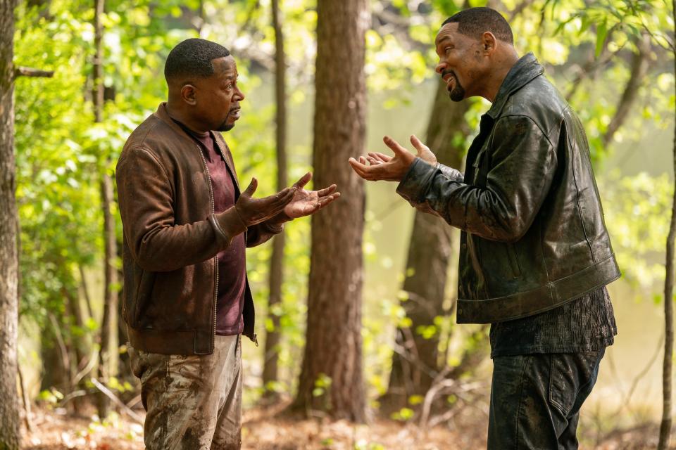 Miami cops Marcus Burnett (Martin Lawrence, left) and Mike Lowrey (Will Smith) are back to their bickering ways, this time on the run from the law, in "Bad Boys: Ride or Die."