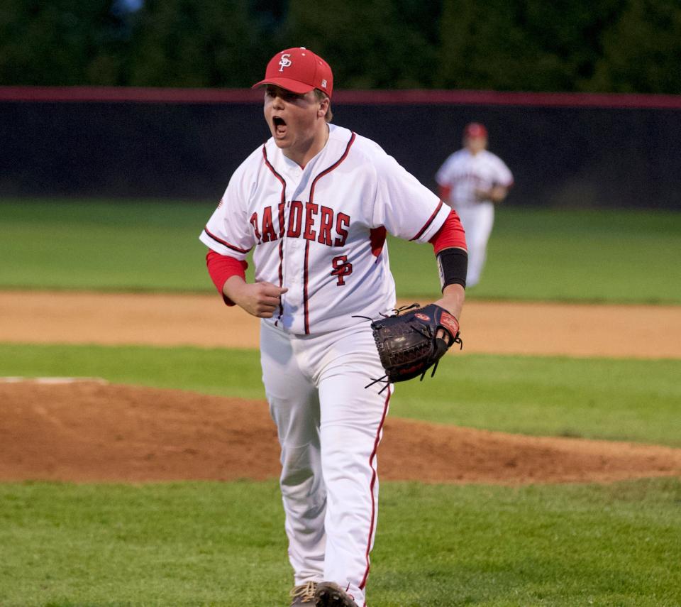 South Point's Matthew Walker celebrates after getting out of an early jam during his team's game against Kings Mountain.