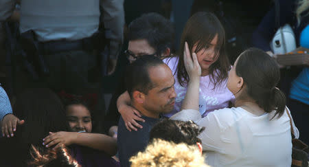 REFILE -- CORRECTING TYPO -- A student who was evacuated after a shooting at North Park Elementary School is embraced after groups of them were reunited with parents waiting at a high school in San Bernardino, California, U.S. April 10, 2017. REUTERS/Mario Anzuoni