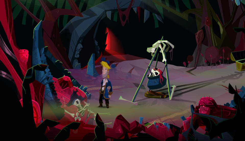 Guybrush investigating some skeletons