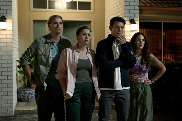 <p>Jasin Boland/PEACOCK</p> From left: Conor Merrigan-Turner, Essie Randles, Jake Lacy and Alison Brie on 'Apples Never Fall'