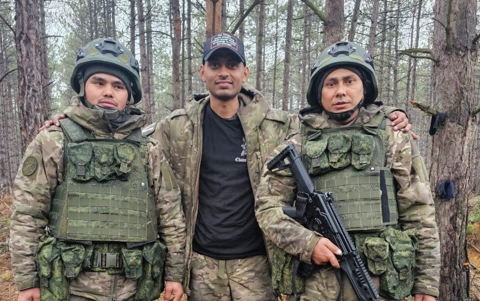 Hemil Mangukiya, middle, died in a missile strike in Ukraine after emigrating from Gujurat, India, to Russia last December