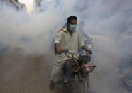 Disinfectant is sprayed in a market area in an effort to contain the outbreak of the coronavirus, in Karachi, Pakistan, Monday, Aug. 2, 2021. (AP Photo/Fareed Khan)