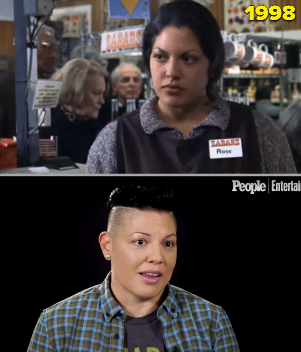 Sara as a cashier in "You've Got Mail" vs. Sara in an interview in 2008