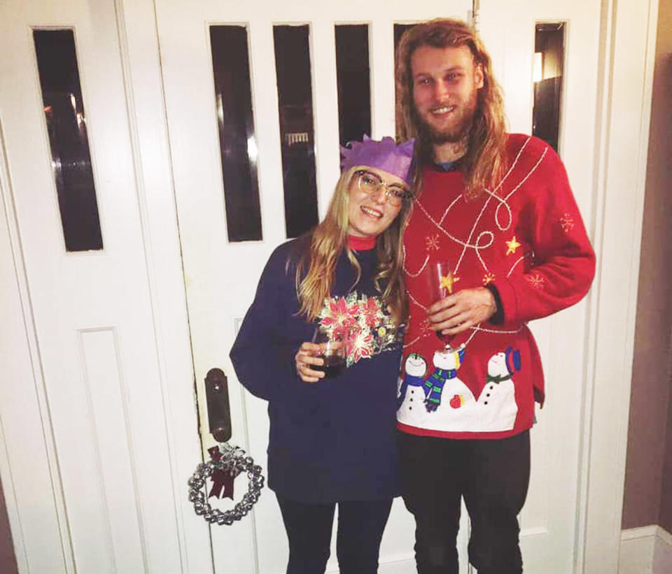 Pictured is Lucas Fowler and his American girlfriend Chynna Deese wearing Christmas jumpers. They were killed in Canada.