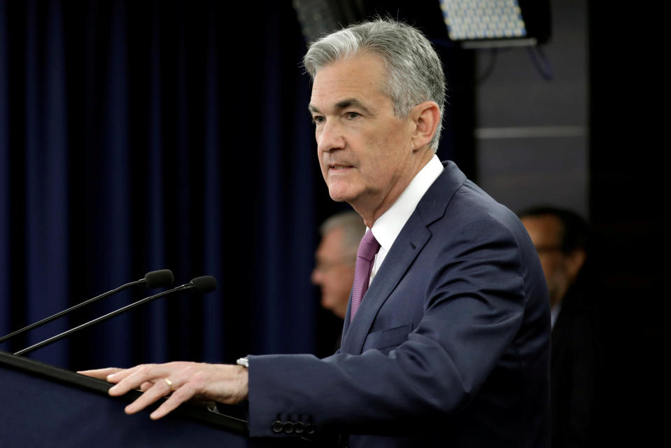 Federal Reserve Board Chairman Jerome Powell speaks at his news conference after the two-day meeting of the Federal Open Market Committee (FOMC) on interest rate policy in Washington, U.S., June 13, 2018. REUTERS/Yuri Gripas