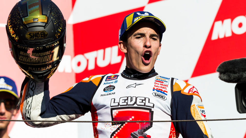 Marc Marquez celebrates winning his Japanese Grand Prix, and MotoGP world title, on 21 October, 2018. PHOTO: Getty Images