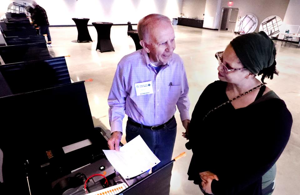 Carl McKnight shows Rebecca Patrick the new voting machine as he sets it up and goes over the new procedure during early voting at Middle Tennessee Association of Realtors on Wednesday, Feb. 21, 2024.