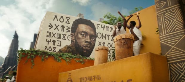 Mural of Chadwick Boseman as King T'Challa in the "Black Panther: Wakanda Forever" trailer<p>Marvel Studios/YouTube</p>