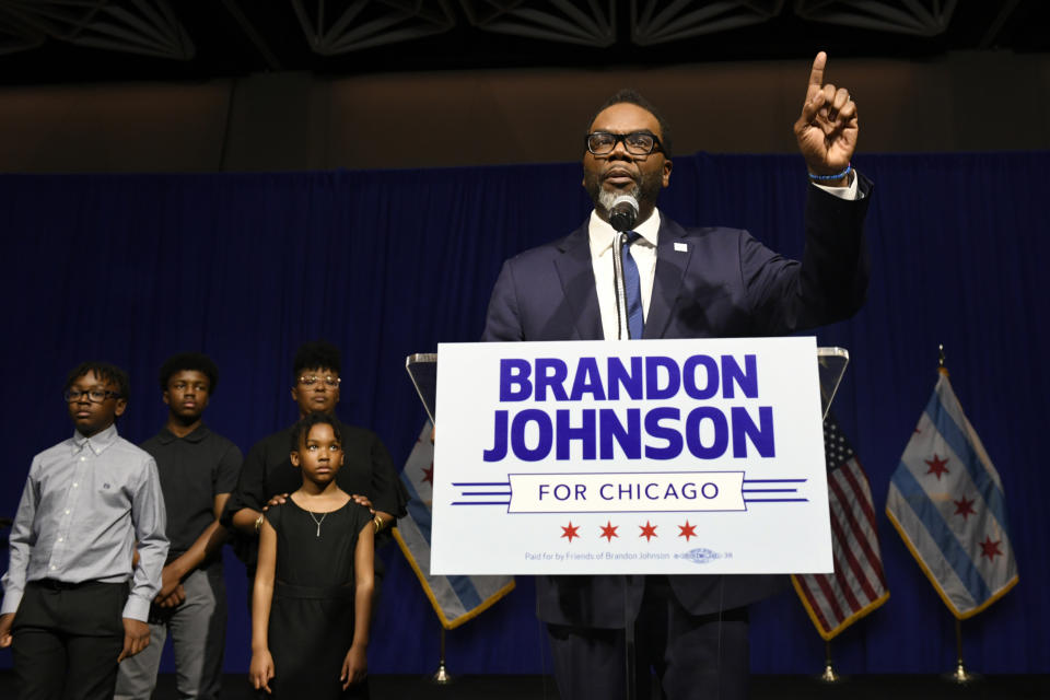 Chicago Mayor-elect Brandon Johnson speaks to supporters after defeating Paul Vallas in the mayoral runoff election, late Tuesday, April 4, 2023, in Chicago. (AP Photo/Paul Beaty)