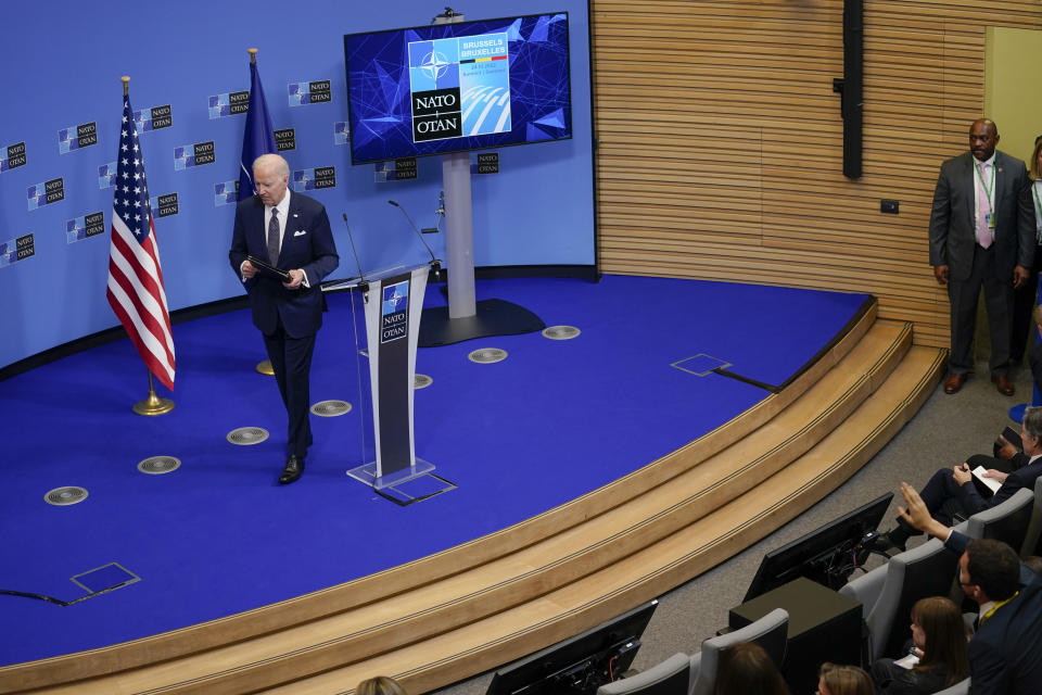 President Joe Biden departs a news conference after a NATO summit and Group of Seven meeting at NATO headquarters, Thursday, March 24, 2022, in Brussels. (AP Photo/Evan Vucci)