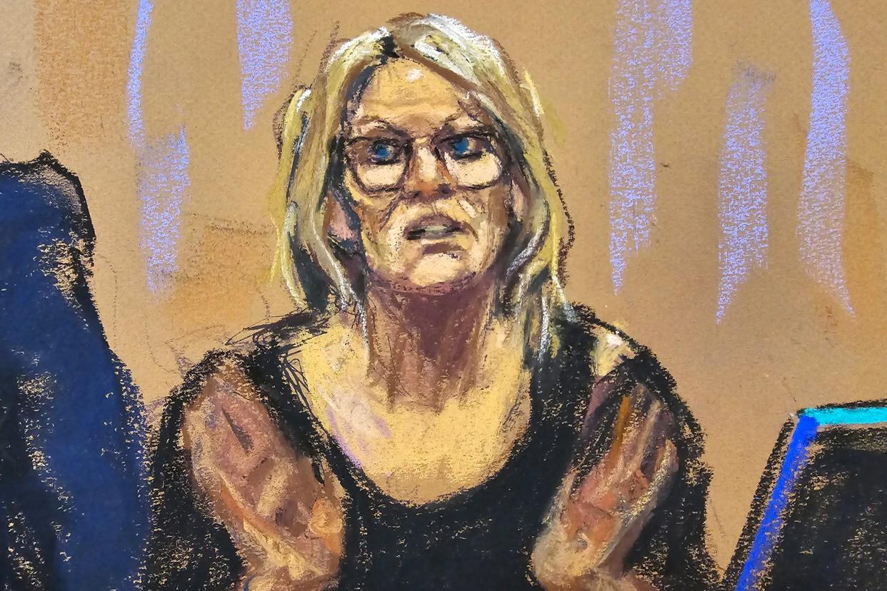 A courtroom sketch of Stormy Daniels on the witness stand in former President Donald Trump's hush-money trial.