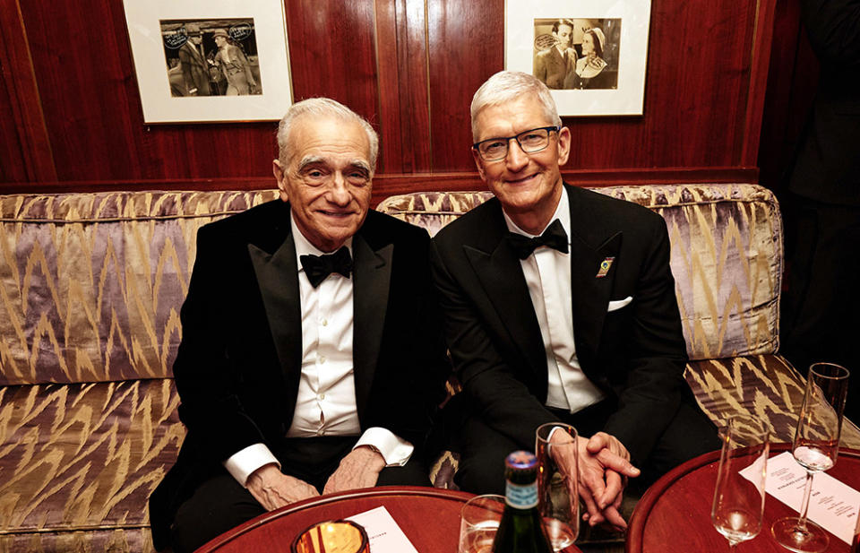 Martin Scorsese (L) and CEO of Apple Tim Cook attend the Apple Original Films Oscars celebration at the Sunset Tower Hotel on March 10, 2024 in Los Angeles, California.