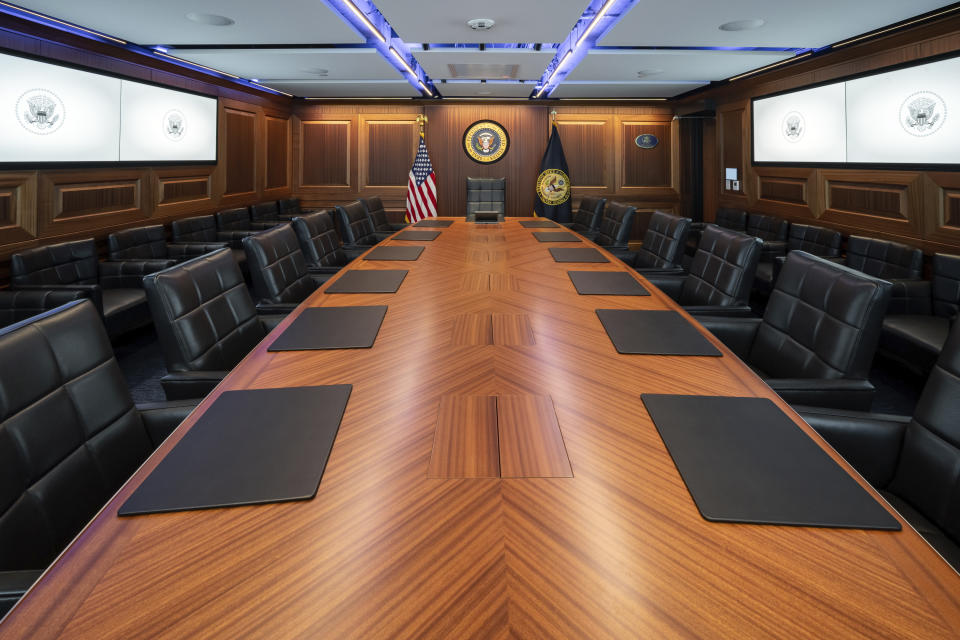 This image provided by the White House shows the completed renovations of the White House Situation Room on Aug. 16, 2023, in Washington. The 5,500-square-foot, highly secure complex of conference rooms and offices in the West Wing has undergone a gut renovation that took a year to complete. (Carlos Fyfe/The White House via AP)