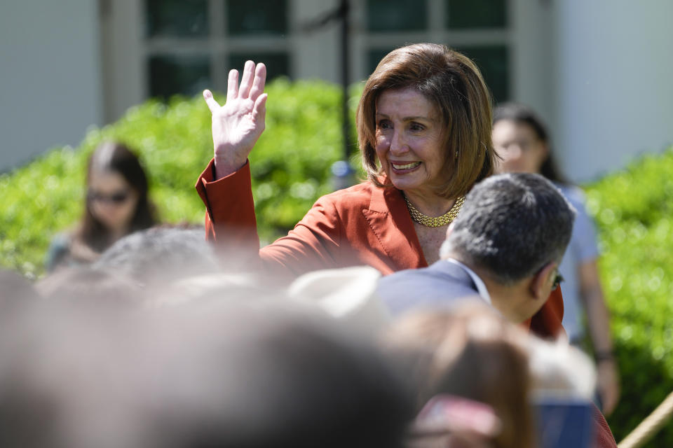 Rep. Nancy Pelosi, D-Calif., arrives before President Joe Biden speaks in the Rose Garden of the White House in Washington, Tuesday, April 18, 2023, about efforts to increase access to child care and improve the work life of caregivers. (AP Photo/Susan Walsh)