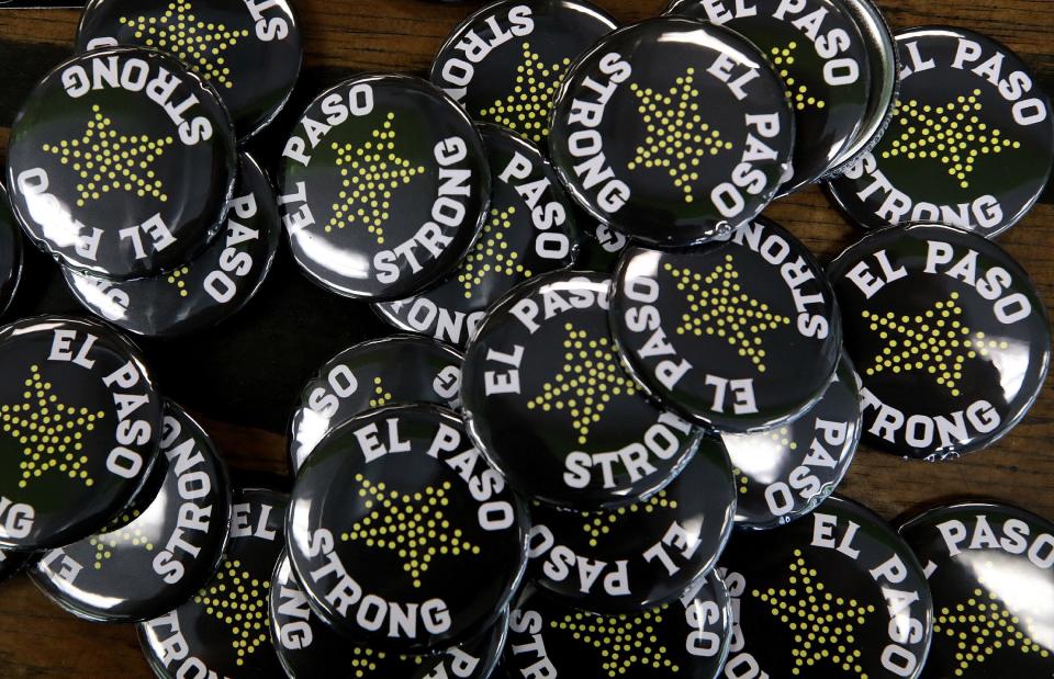 El Paso Strong logo on buttons at Proper Printshop in El Paso, Texas, on Aug. 5, 2019.