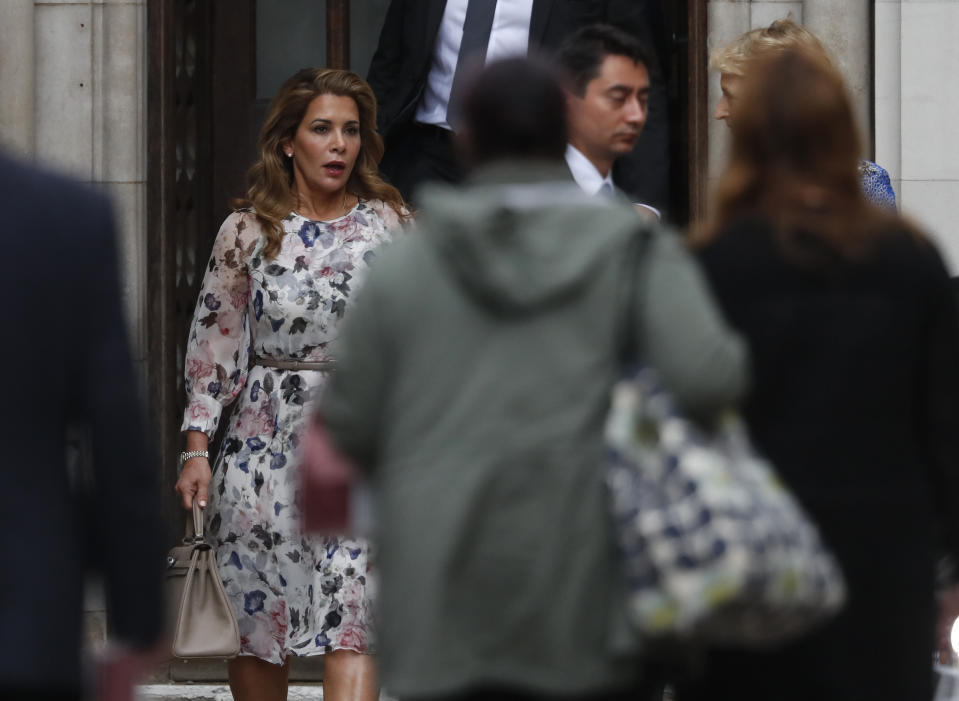 Princess Haya Bint al-Hussein leaves The High Court for lunch in London, Wednesday, July 31, 2019. A dispute between the ruler of Dubai and his estranged wife over the welfare of their two young children will play out over the next two days in a London courtroom amid reports the princess has fled from the Gulf emirate. (AP Photo/Alastair Grant)