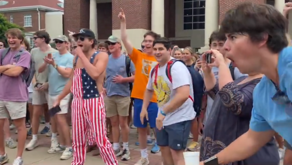 The man was caught on camera making monkey noises towards a Black, female protester at a recent demonstration at the University of Mississippi (Stacey Spiehler via YouTube)