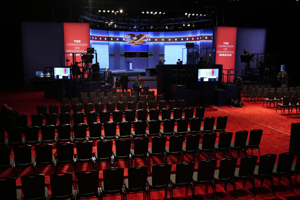 Preparations take place for the second Presidential debate between President Donald Trump and Democratic presidential candidate, former Vice President Joe Biden at Belmont University, Thursday, Oct. 22, 2020, in Nashville, Tenn. (AP Photo/Patrick Semansky)