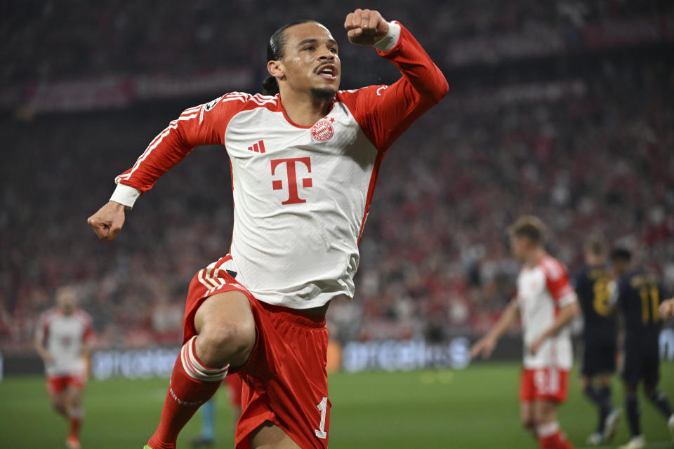 Munich's Leroy Sane, celebrates after scoring his side's first goal during the Champions League, semifinal first leg, soccer match between FC Bayern Munich and Real Madrid in Munich, Germany, Tuesday, April 30, 2024. (Sven Hoppe/dpa via AP)
