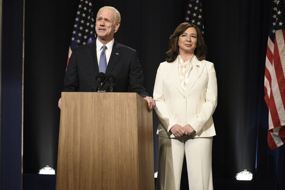 Jim Carrey as Joe Biden and Maya Rudolph as Kamala Harris during the 