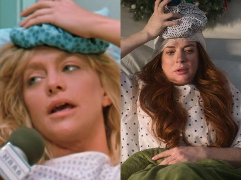 goldi hawn holding an ice pack to her head in overboard and lindsay lohan holding an ice pack to her head in falling for christmas