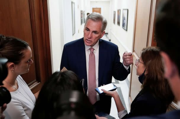 PHOTO: House Minority Leader Kevin McCarthy speaks with reporters on Capitol Hill in Washington, D.C., on Aug. 12, 2022. (Patrick Semansky/AP)