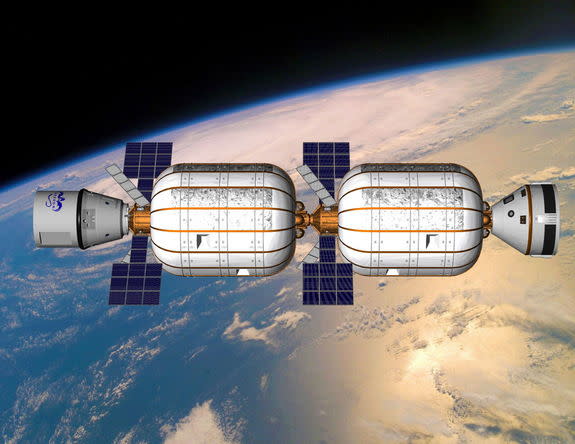 Artist’s view of the Bigelow Alpha Station comprised of two BA 330 expandable habitats built by private spaceflight company Bigelow Aerospace.