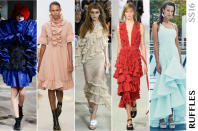 <p>We first saw ruffles in New York but with a decidedly Latin flavor at Oscar de la Renta and Proenza Schouler. In London, the ruffles became more disheveled at Marquis Almeida and quite dramatic at Erdem. The frills kept popping up in Milan and in Paris, including at Commes des Garcons where they seemed to burst into a starburst concoctions.</p>