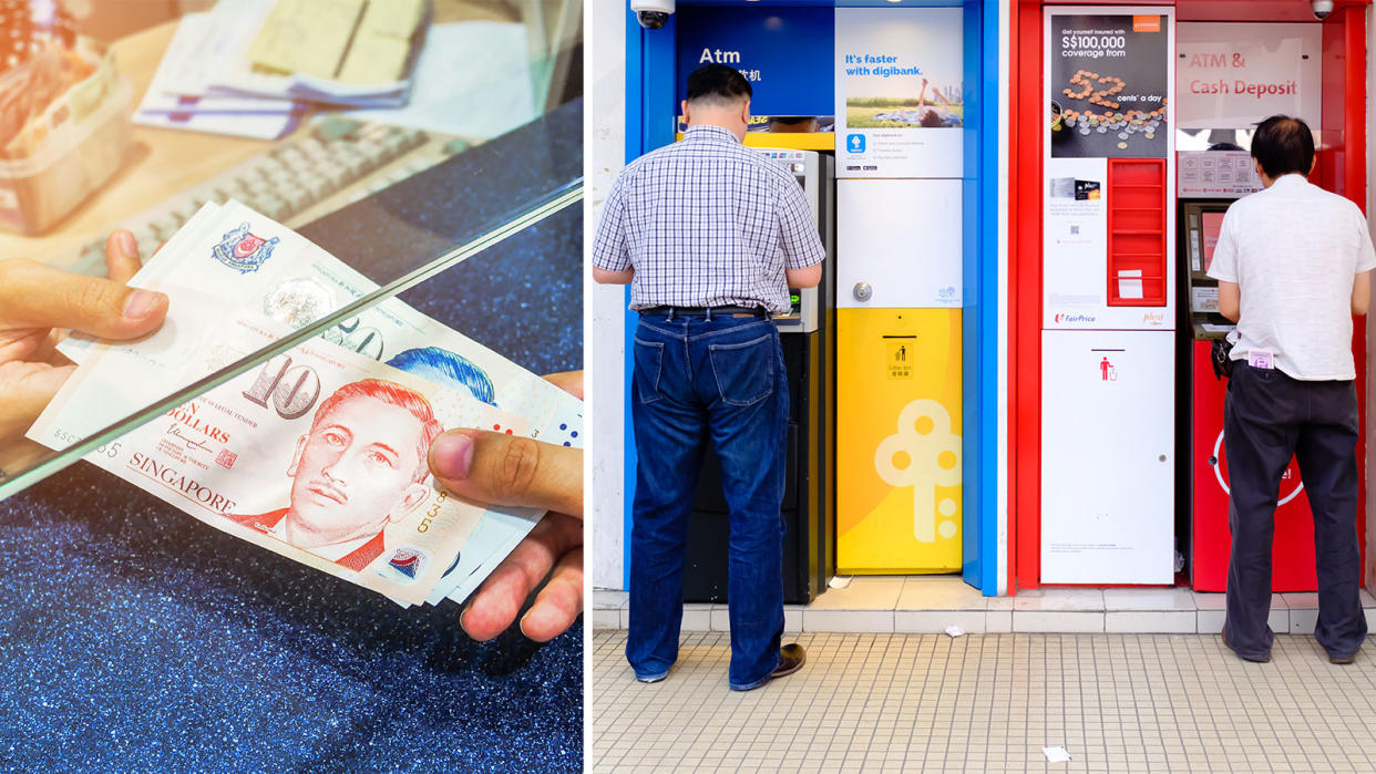 Hands exchanging money and two men standing in front of cash deposit machines