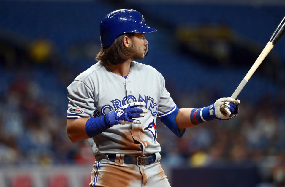 Aug 6, 2019; St. Petersburg, FL, USA; Toronto Blue Jays designated hitter Bo Bichette (11) bats against the Tampa Bay Rays during the ninth inning at Tropicana Field. Mandatory Credit: Kim Klement-USA TODAY Sports