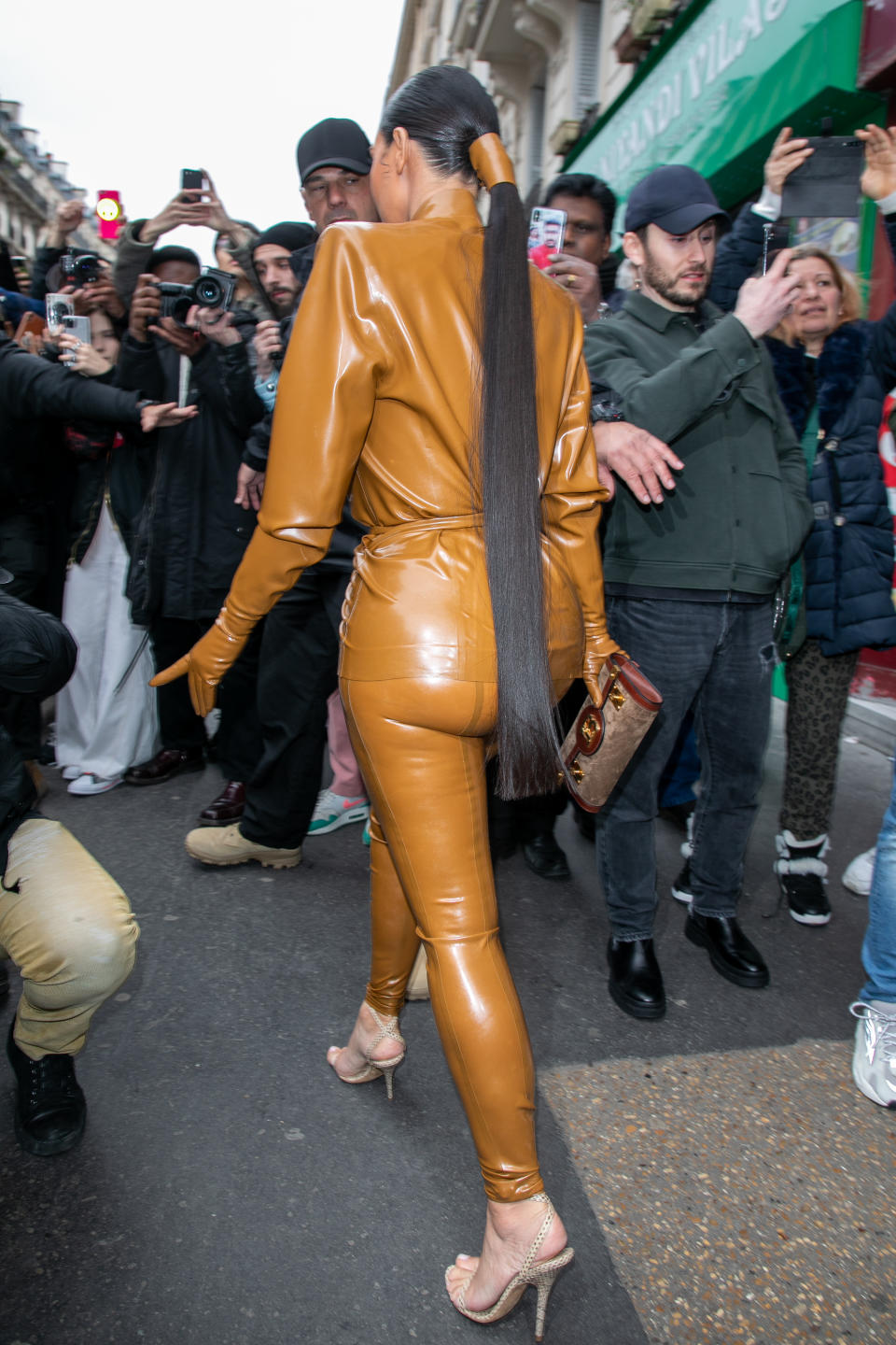 PARIS, FRANCE - MARCH 01: Kim Kardashian West leaves K.West's Sunday Service At Theatre Des Bouffes Du Nord - Paris Fashion Week Womenswear Fall/Winter 2020/2021 on March 01, 2020 in Paris, France. (Photo by Marc Piasecki/WireImage)