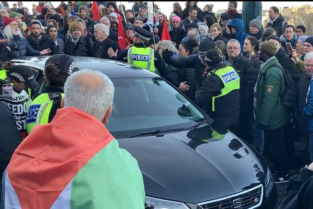 A car involved in an incident with people taking part in a Scottish Palestine Solidarity Campaign demonstration at The Mound, Edinburgh (Jim Orr/PA) (PA Media)