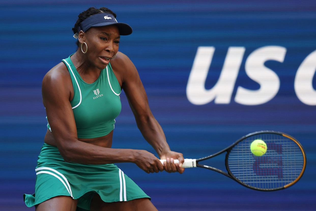 Venus Williams of the United States plays a backhand against Alison Van Uytvanck of Belgium in their Women's Singles First Round match on Day Two of the 2022 U.S. Open at USTA Billie Jean King National Tennis Center on Aug. 30, 2022, in Flushing, Queens.