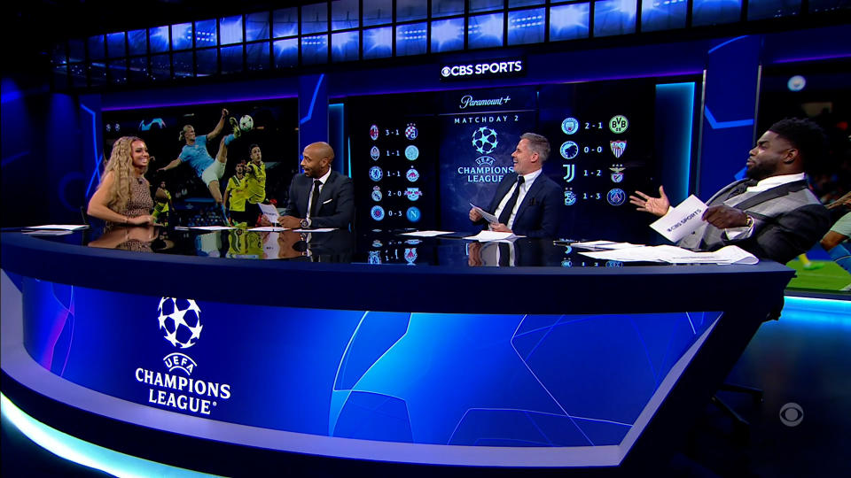 Kate Abdo, Thierry Henry, Jamie Carragher, and Micah Richards on Paramount+’s Champions League panel