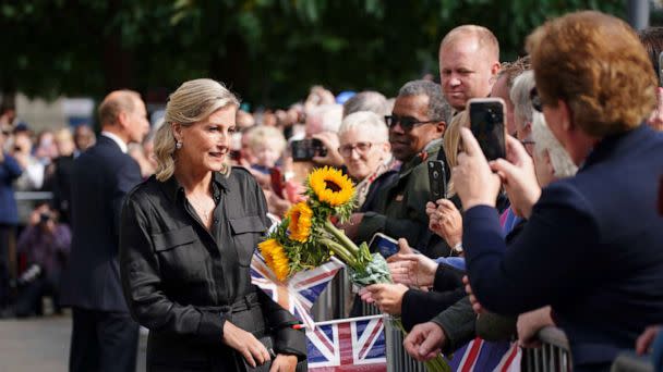 PHOTO: Prince Edward and Sophie, Countess of Wessex, meet members of the public outside Manchester's Central Library, during a visit to the city, following the death of Queen Elizabeth II, in Manchester, England, Sept. 15, 2022. (Peter Byrne/Pool Photo via AP)