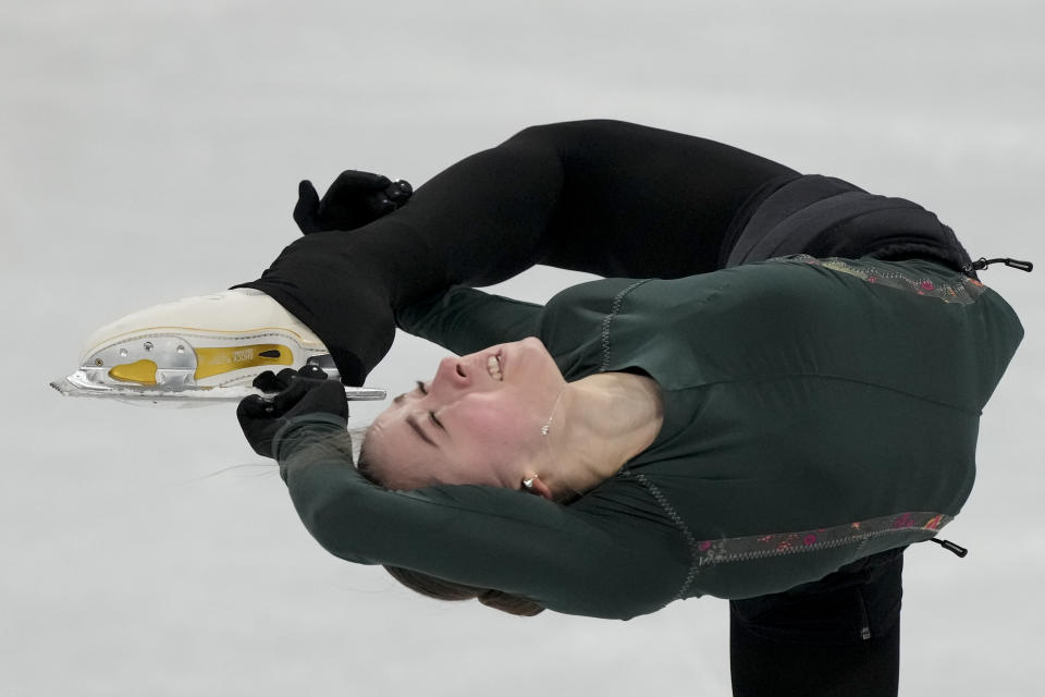 Kamila Valieva, of the Russian Olympic Committee, trains at the 2022 Winter Olympics, Sunday, Feb. 13, 2022, in Beijing. (AP Photo/Natacha Pisarenko)